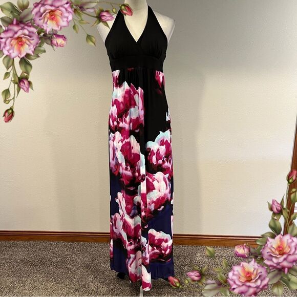 Kohl's Black and Pink Floral Maxi halter Dress size extra juniors large - Picture 1 of 12